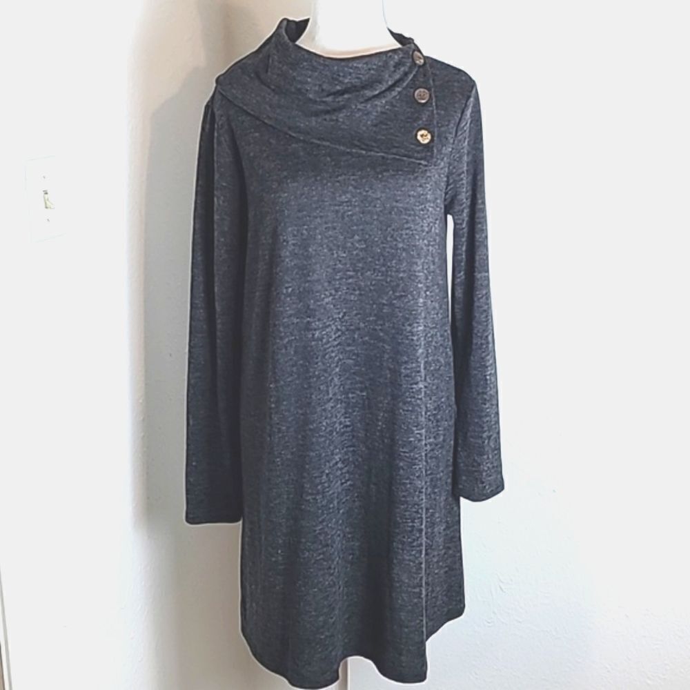 My Story Gray Sweater Dress with Aysemetrical Cowl Neck & Buttons, Size Medium